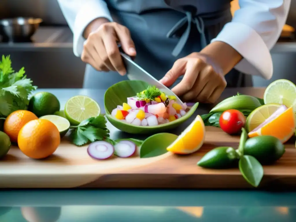 Un chef peruano prepara ceviche sostenible con ingredientes autóctonos con destreza y pasión