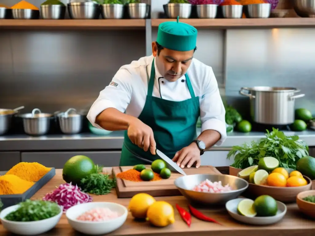 Un chef peruano prepara ceviche en talleres privados de gastronomía peruana, rodeado de ingredientes frescos y coloridos