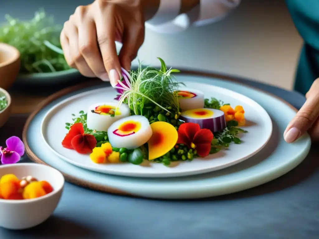 Chef peruano creando ceviche con técnica moderna