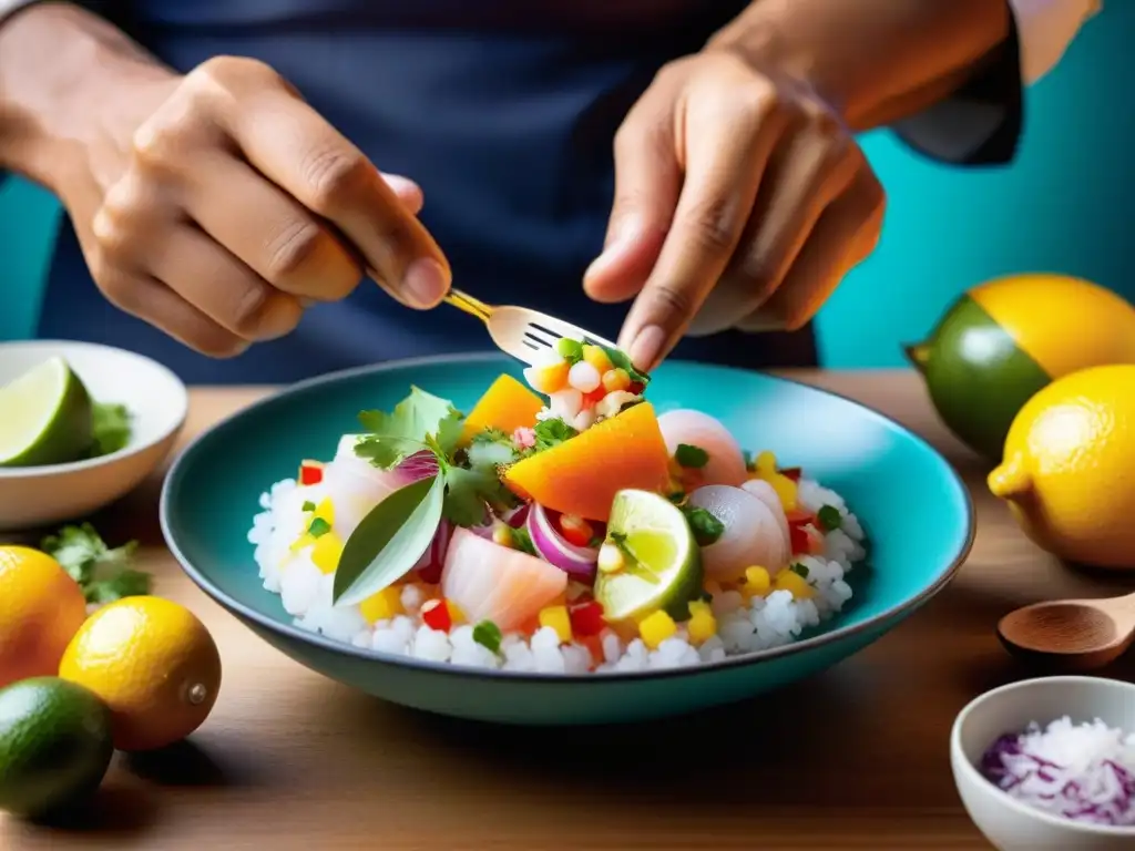 Un chef peruano preparando ceviche, destacando técnicas congelación cocina peruana