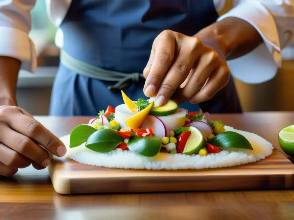 Un chef peruano preparando ceviche con técnicas de fusión contemporánea