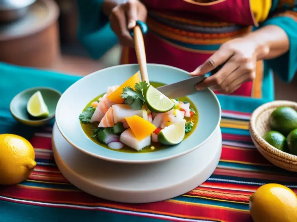 Un chef peruano preparando ceviche, mostrando técnicas cocina peruana tradicionales