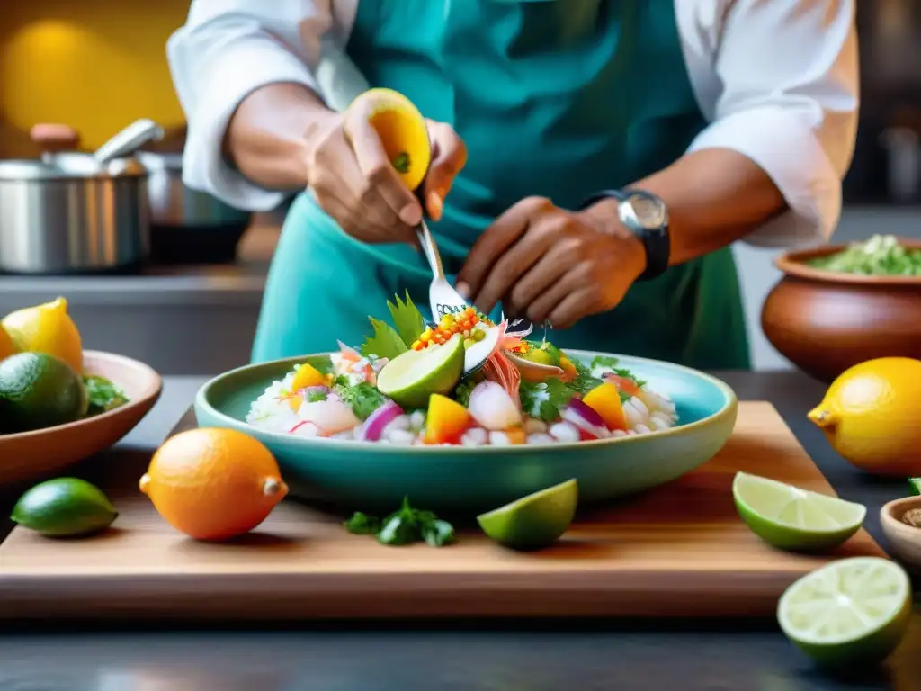 Chef peruano preparando ceviche con toque de pisco, en cocina tradicional