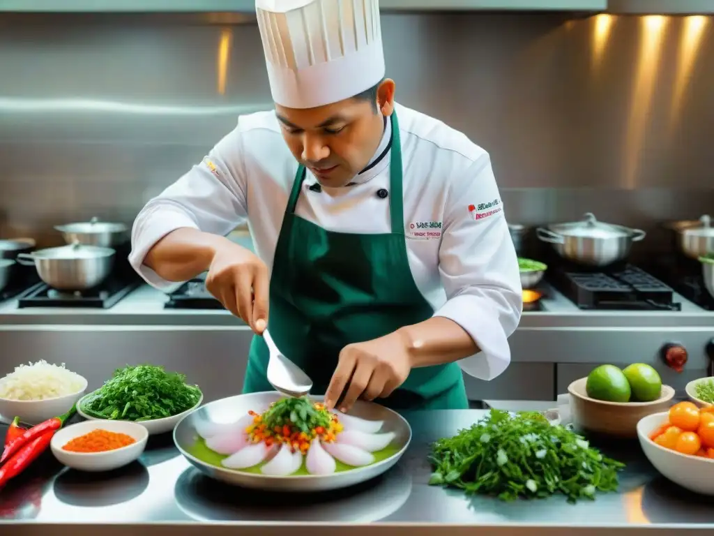 Un chef peruano preparando ceviche tradicional en una cocina bulliciosa de Lima