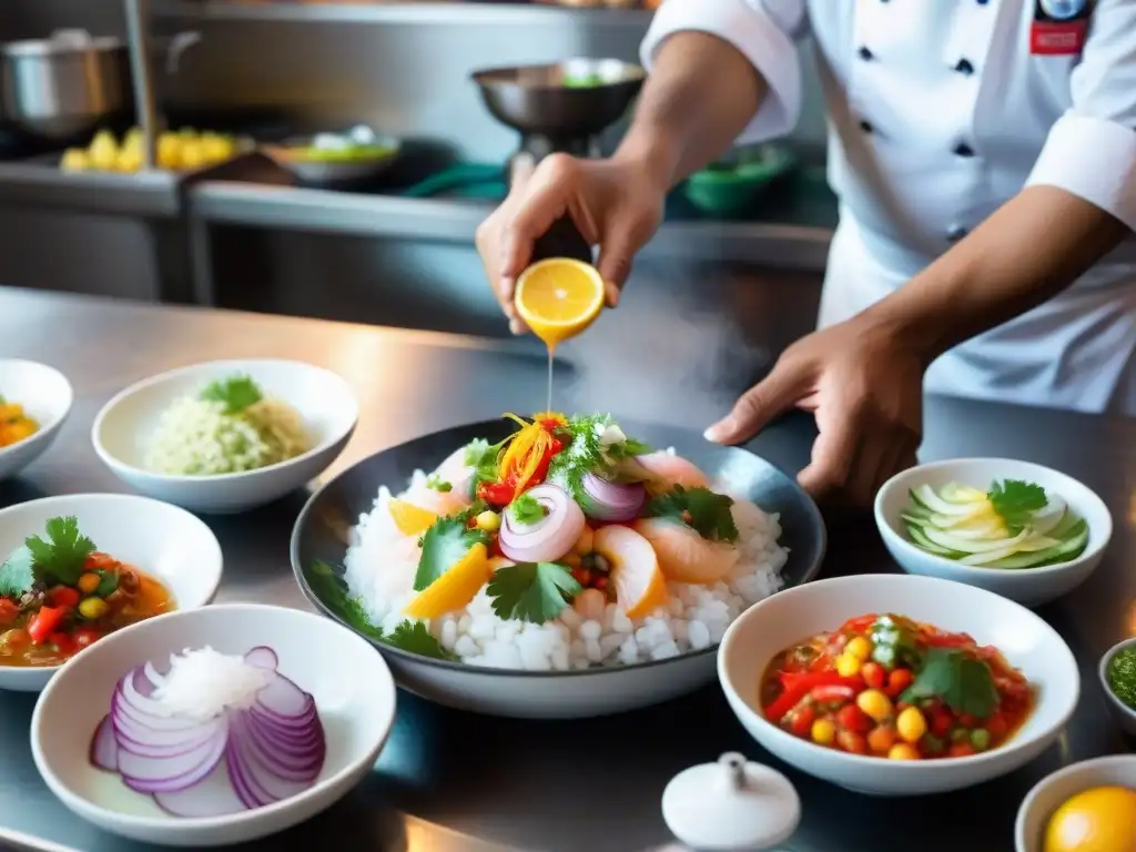 Un chef peruano prepara con maestría un ceviche tradicional rodeado de ingredientes vibrantes