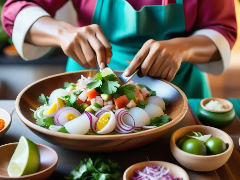 Un chef peruano prepara ceviche tradicional con ingredientes frescos