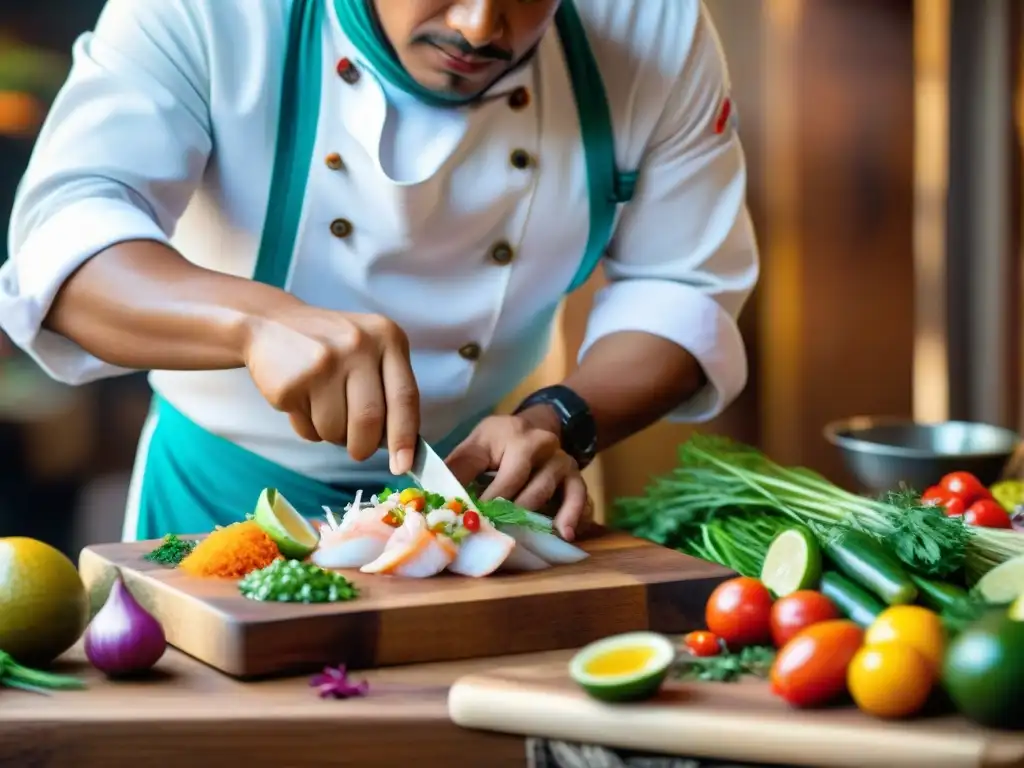 Chef peruano preparando ceviche tradicional en mercado local, destacando la sostenibilidad ambiental