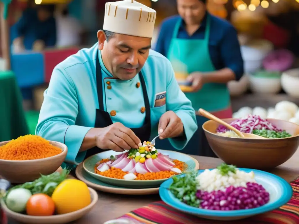 Un chef peruano en Cusco crea ceviche tradicional en un mercado bullicioso