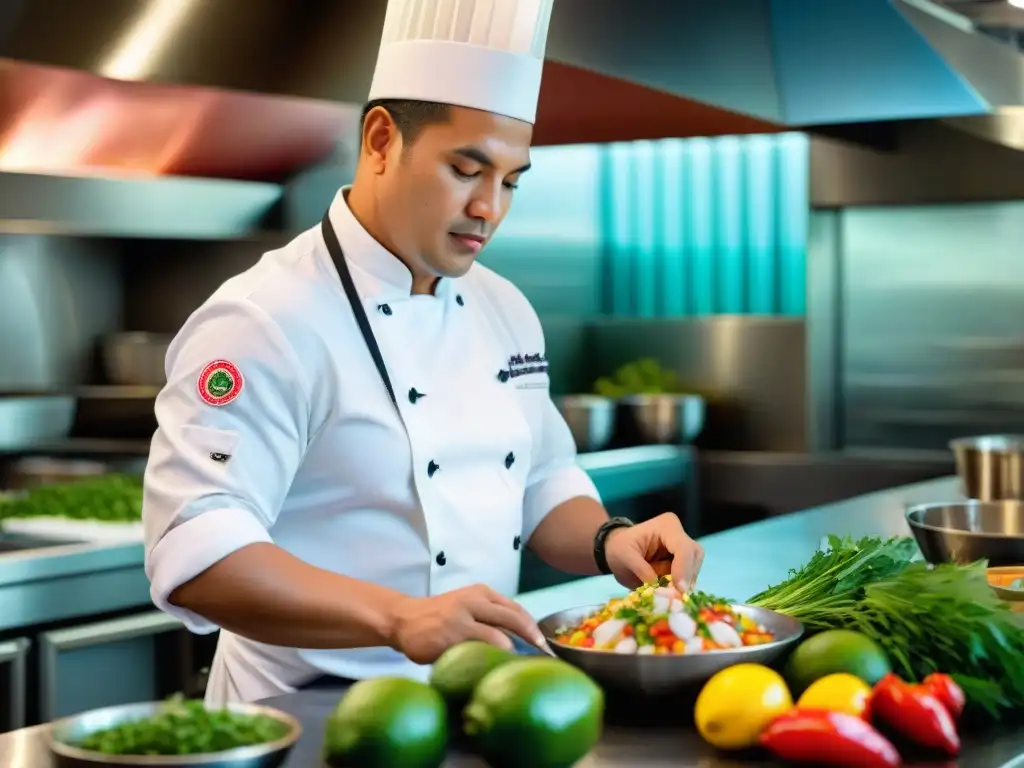 Un chef peruano prepara ceviche tradicional en cocina bulliciosa, resaltando la historia gastronómica mundial