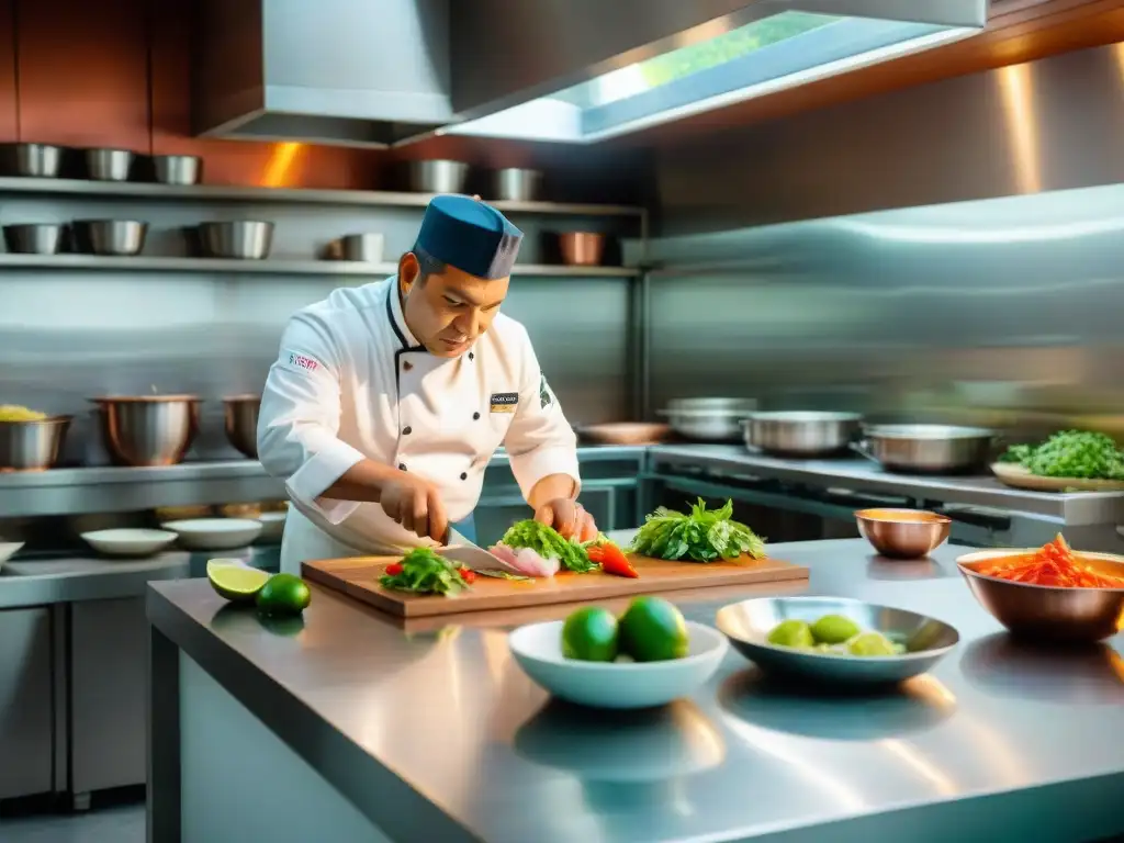 Un chef peruano prepara un ceviche tradicional con destreza en una cocina bulliciosa