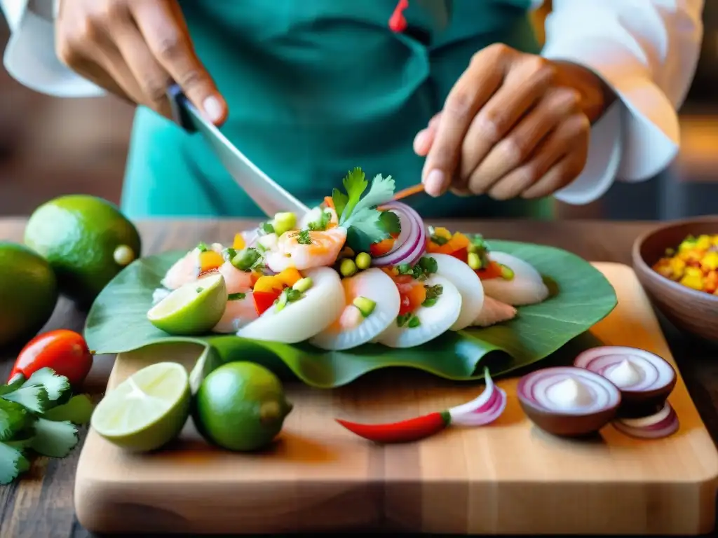 Un chef peruano prepara un ceviche tradicional con ingredientes autóctonos en una animada cocina marina peruana