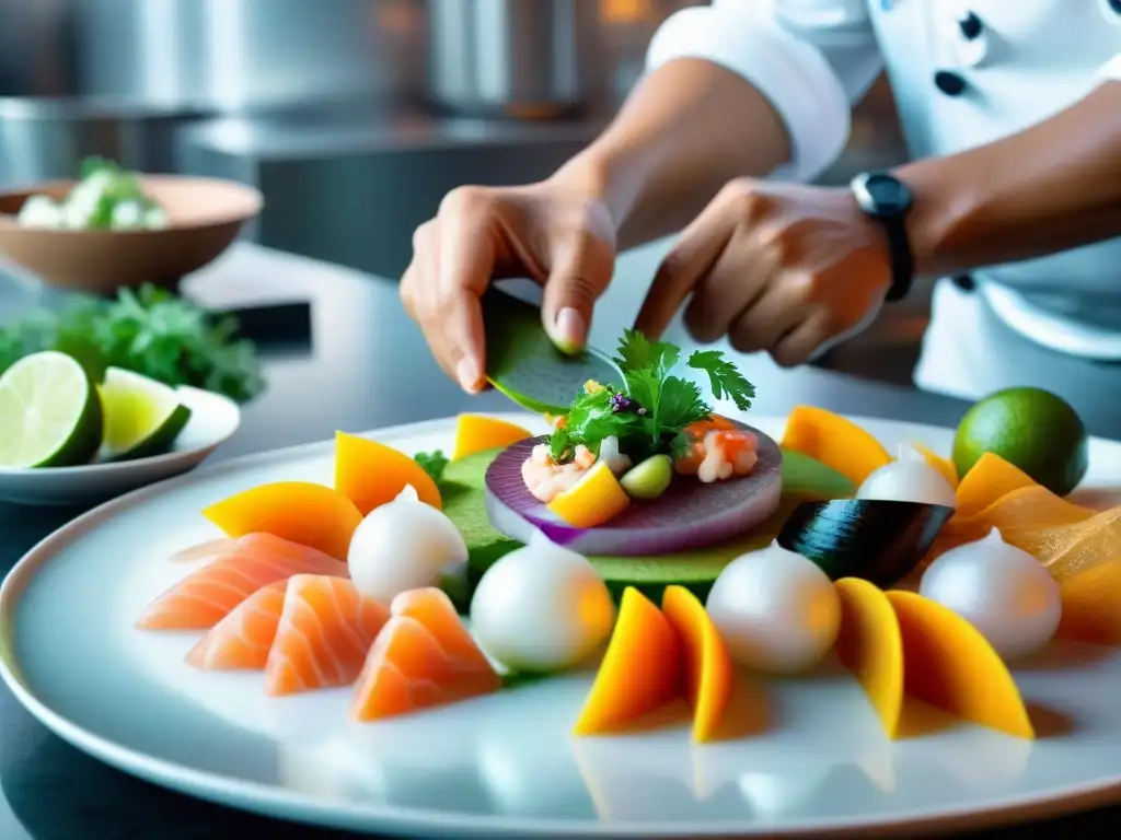 Chef peruano preparando ceviche tradicional con precisión en cocina de lujo