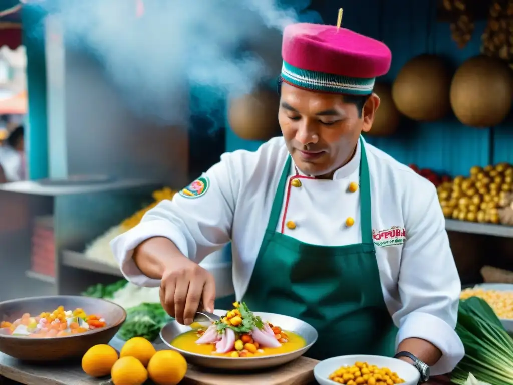 Un chef peruano en Huaraz preparando un ceviche tradicional, capturando la esencia de la Gastronomía peruana tradicional en Huaraz