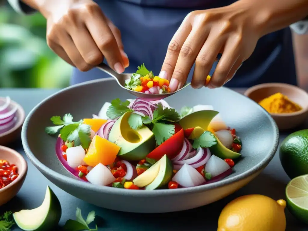 Un chef peruano prepara un ceviche tradicional con ingredientes frescos y coloridos en un escenario selvático