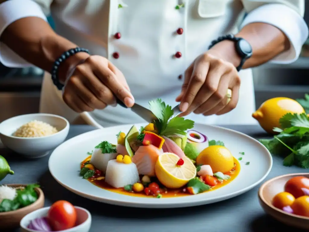 Un chef peruano crea un ceviche tradicional con colores vibrantes