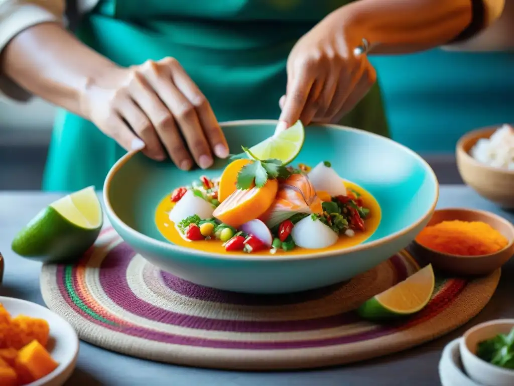 Un chef peruano plantea un ceviche tradicional, resaltando ingredientes autóctonos en una foto de gastronomía