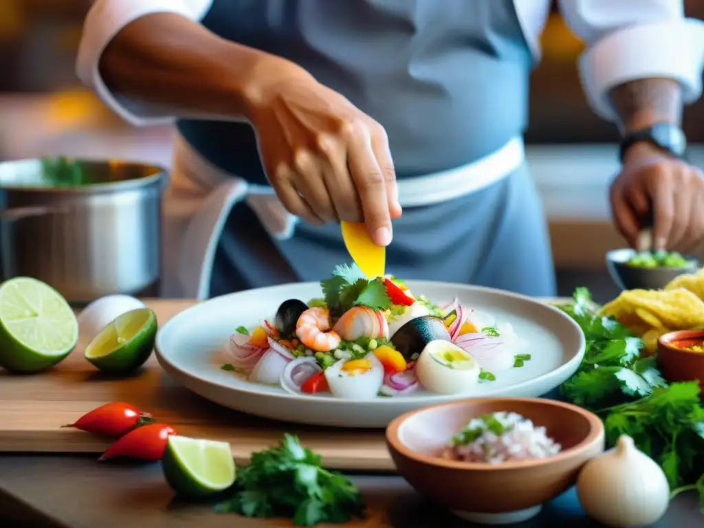 Un chef peruano preparando ceviche tradicional en un mercado de mariscos