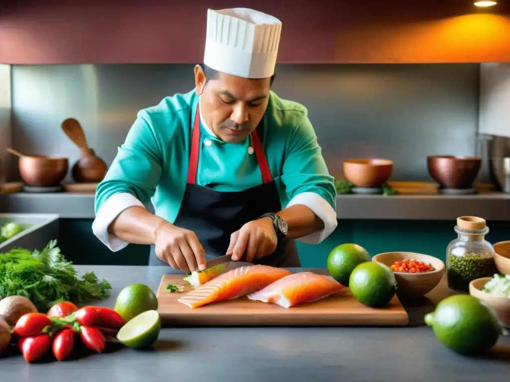 Un chef peruano prepara un Ceviche de trucha andina auténtico en una cocina rústica, mostrando destreza y pasión culinaria