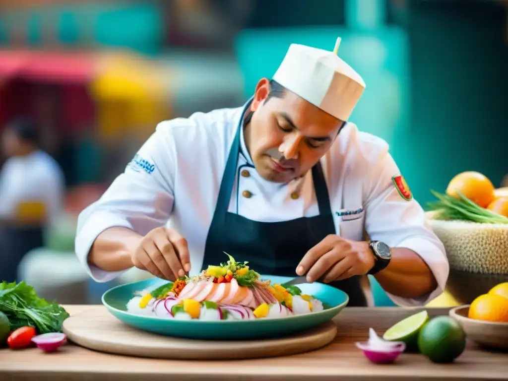 Chef peruano preparando un ceviche vibrante en mercado local