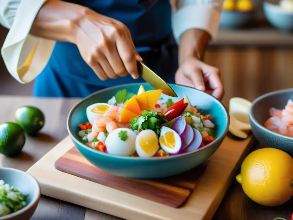 Un chef peruano preparando ceviche, resaltando la vibrante gastronomía marina peruana con ingredientes autóctonos