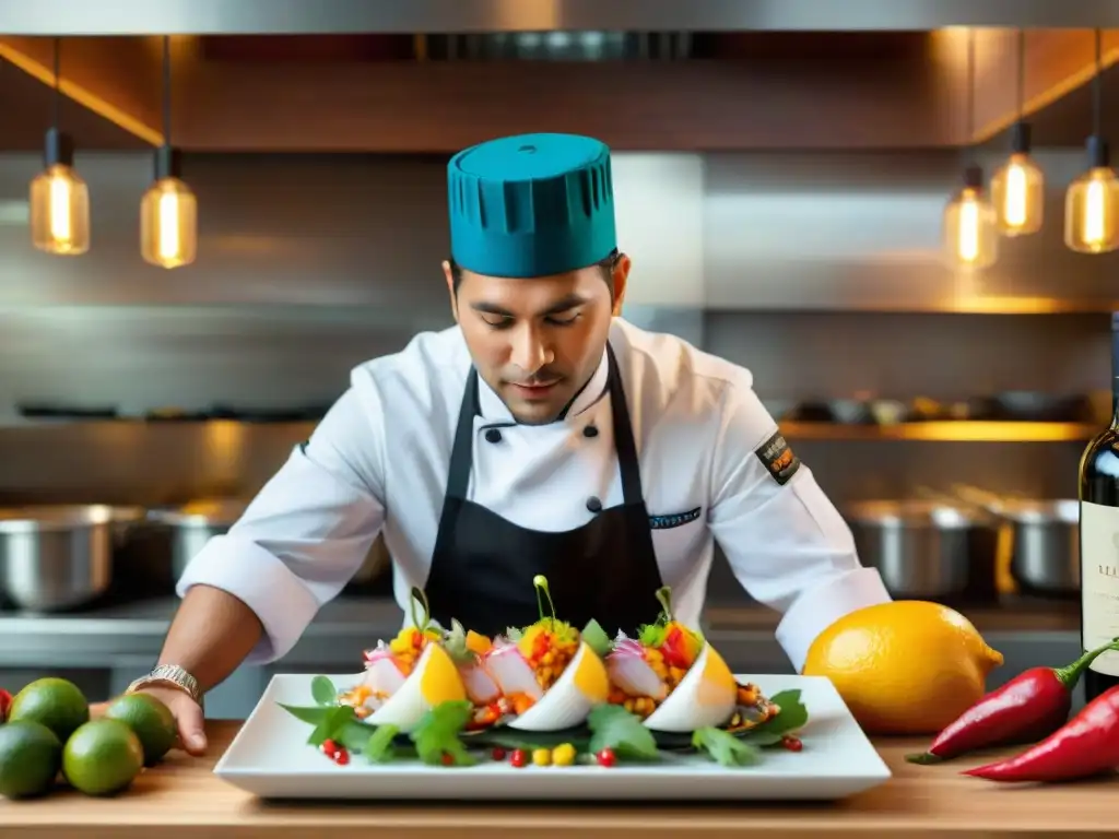 Chef peruano maridando ceviche con vinos del mundo en cocina moderna