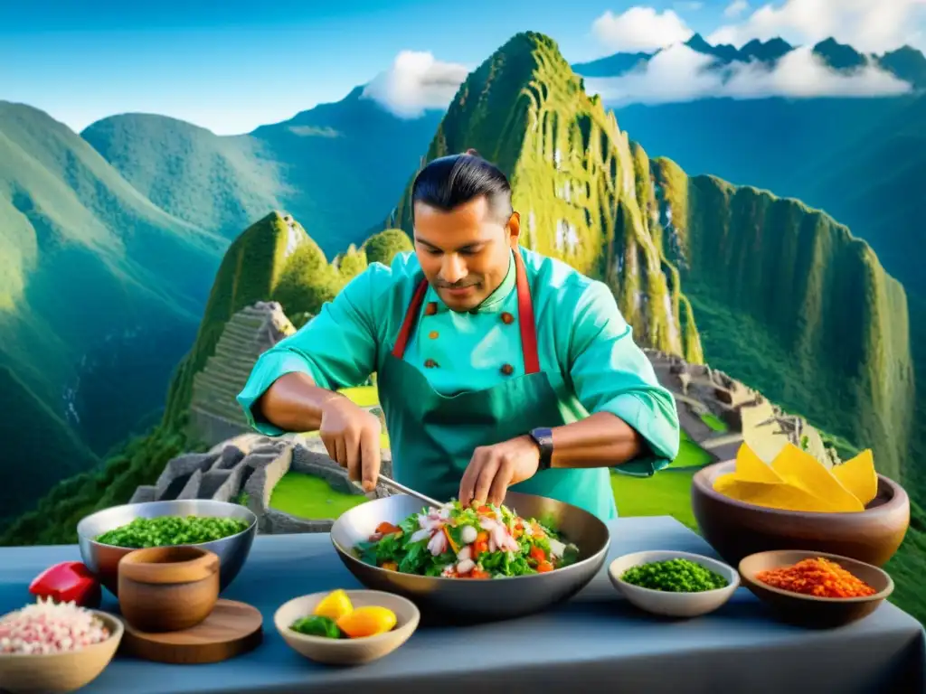 Un chef peruano preparando ceviche con vista a Machu Picchu