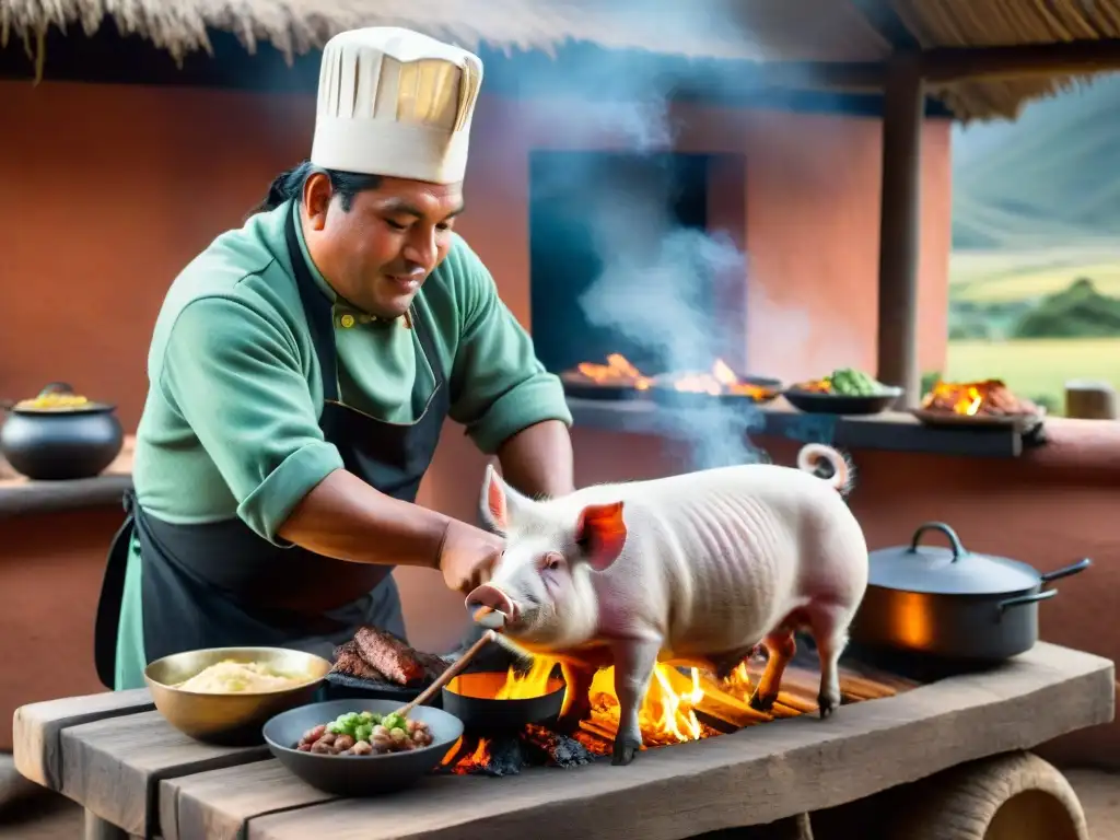 Maestro peruano preparando Chancho al Palo con maestría en paisaje andino Un chef peruano prepara un chancho al palo con maestría, rodeado de ingredientes y paisajes andinos, destacando la gastronomía peruana