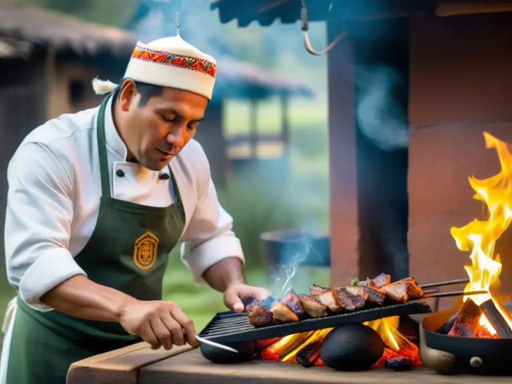 Chef peruano preparando Chancho al Palo con maestría frente a los Andes Chef peruano preparando Chancho al Palo en cocina rústica al aire libre, con los Andes de fondo