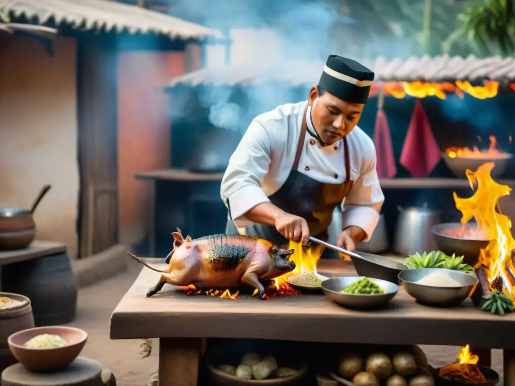 Chef peruano sazona un chancho al palo con maestría sobre fuego abierto Un chef peruano sazona expertamente un chancho al palo sobre fuego abierto en una escena rústica de cocina al aire libre