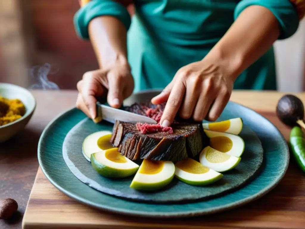 Un chef peruano cortando charqui con destreza, resaltando la gastronomía peruana, platos tradicionales