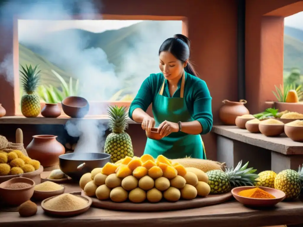 Un chef peruano prepara chicha de piña en cocina tradicional, rodeado de ingredientes frescos