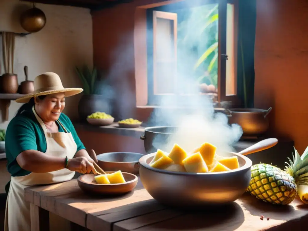 Un chef peruano preparando chicha de piña en una cocina tradicional