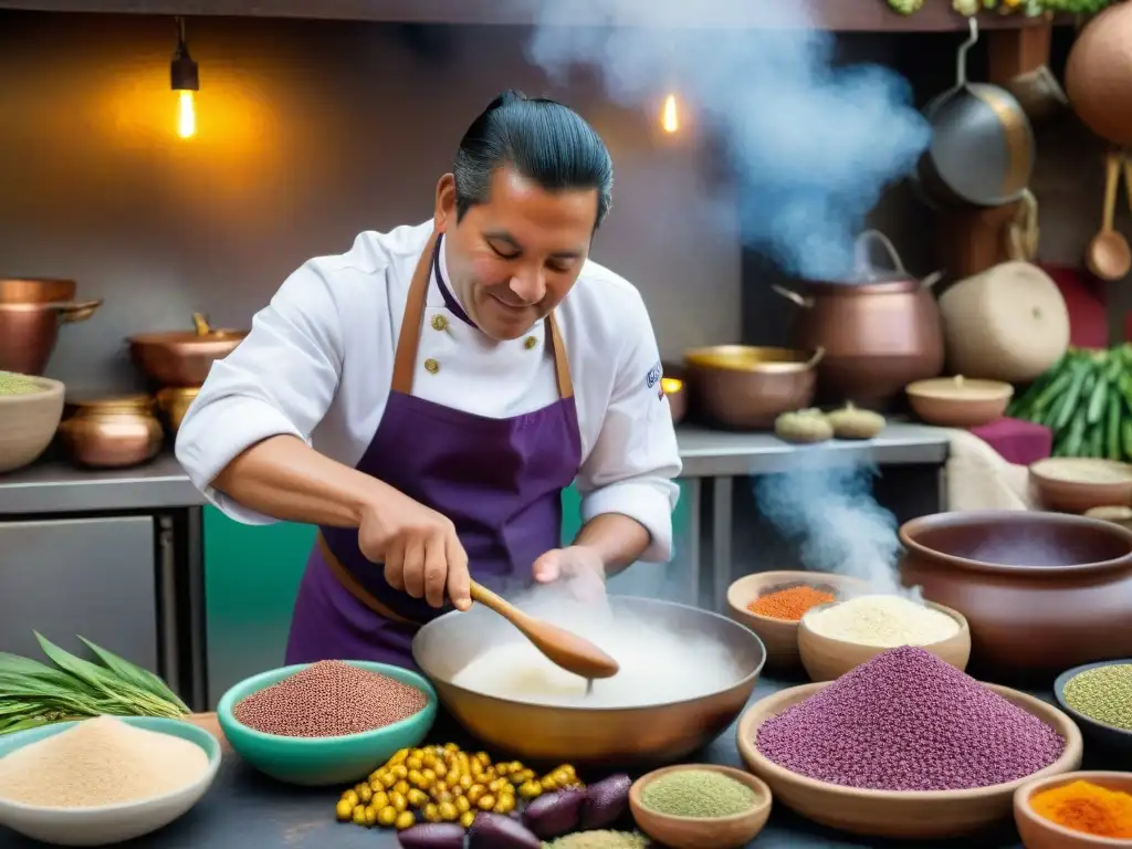 Un chef peruano preparando chicha en el Festival de la Chicha en Cusco, rodeado de ingredientes coloridos