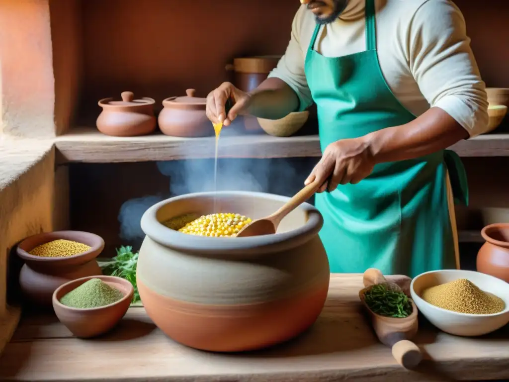 Un chef peruano fermenta chicha de jora en cocina rústica, resaltando la fermentación en la gastronomía peruana