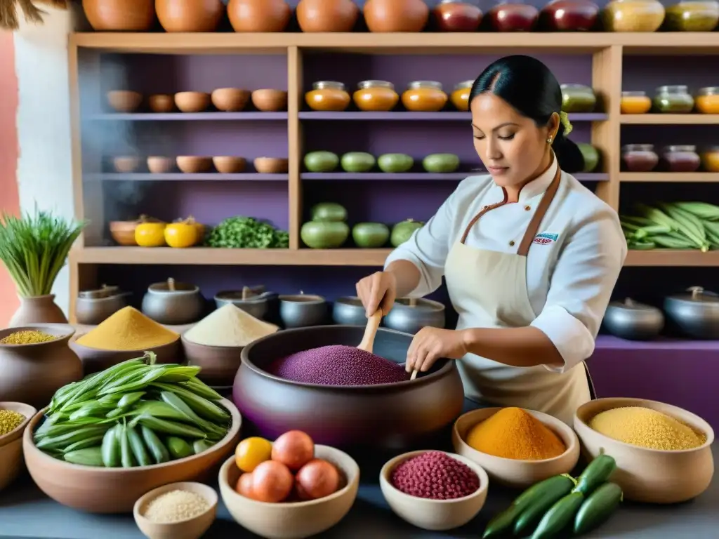 Un chef peruano prepara chicha morada en una cocina tradicional, con ingredientes coloridos y fermentados, representando la fermentación en la gastronomía peruana