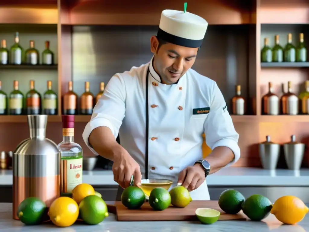 Un chef peruano prepara un Chilcano en cocina vibrante con ingredientes coloridos y vista a los Andes