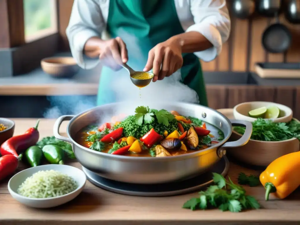 Un chef peruano prepara un chilcano de pescado casero en una cocina rústica, rodeado de ingredientes frescos y coloridos