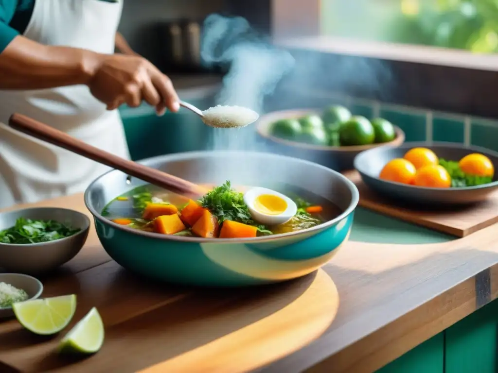 Un chef peruano prepara un Chilcano de Pescado casero en una cocina tradicional