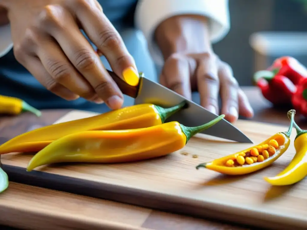 Un chef peruano cortando chiles amarillos frescos, con gotas de agua brillando