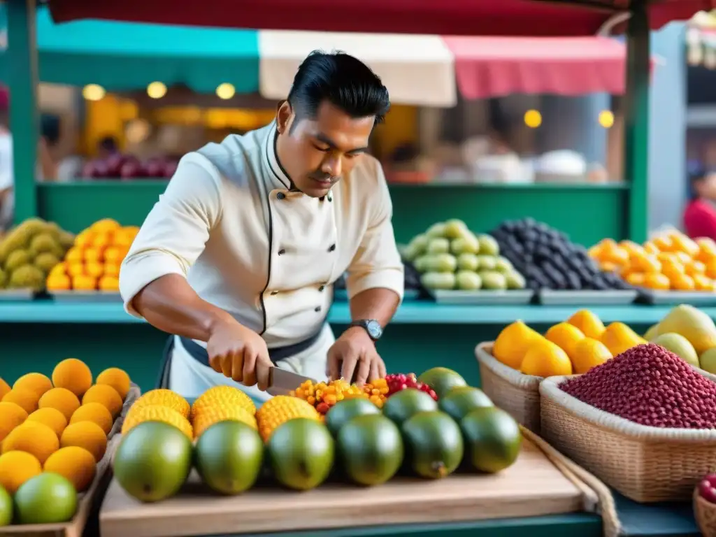 Un chef peruano cortando chirimoya en mercado colorido, postre tradicional chirimoya Perú