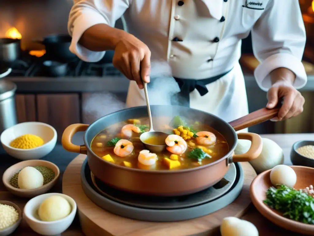 Un chef peruano preparando Chupe de Camarones en una cocina tradicional, capturando la esencia de la receta chupe camarones costa peruana