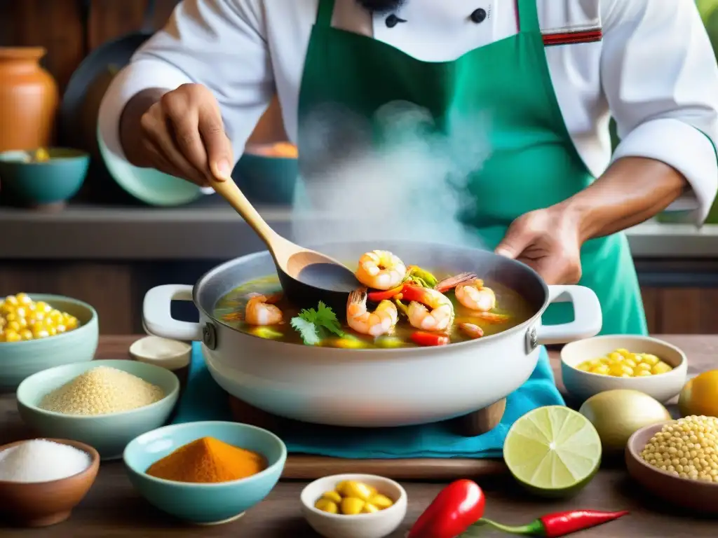 Un chef peruano prepara Chupe de Camarones en una cocina rústica llena de ingredientes vibrantes