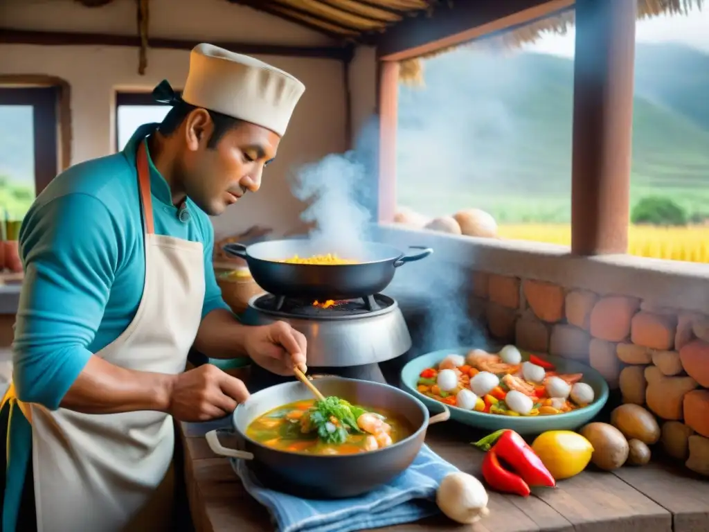 Un chef peruano preparando Chupe de Camarones en una cocina costeña tradicional