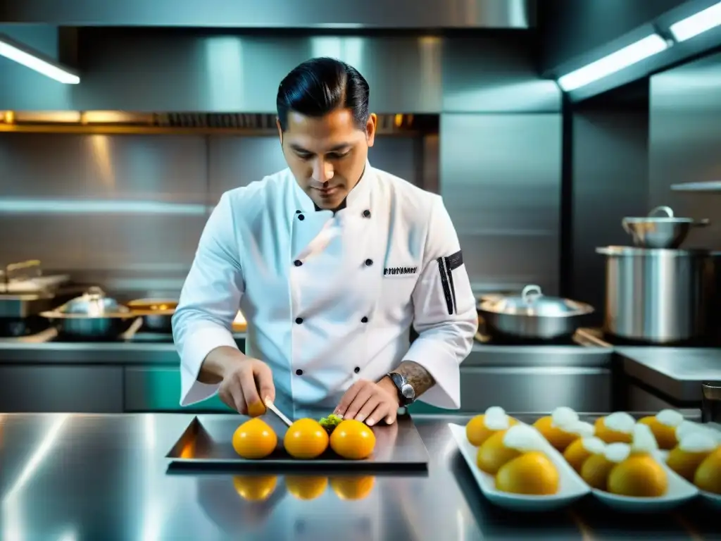 Un chef peruano en su cocina de alta tecnología en Lima, fusionando tradición y modernidad