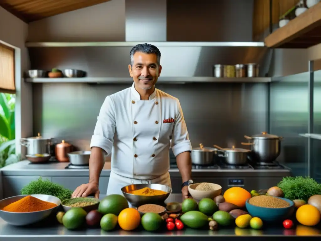 Chef peruano en su cocina amazónica, preparando plato con Gastronomía peruana ingredientes autóctonos