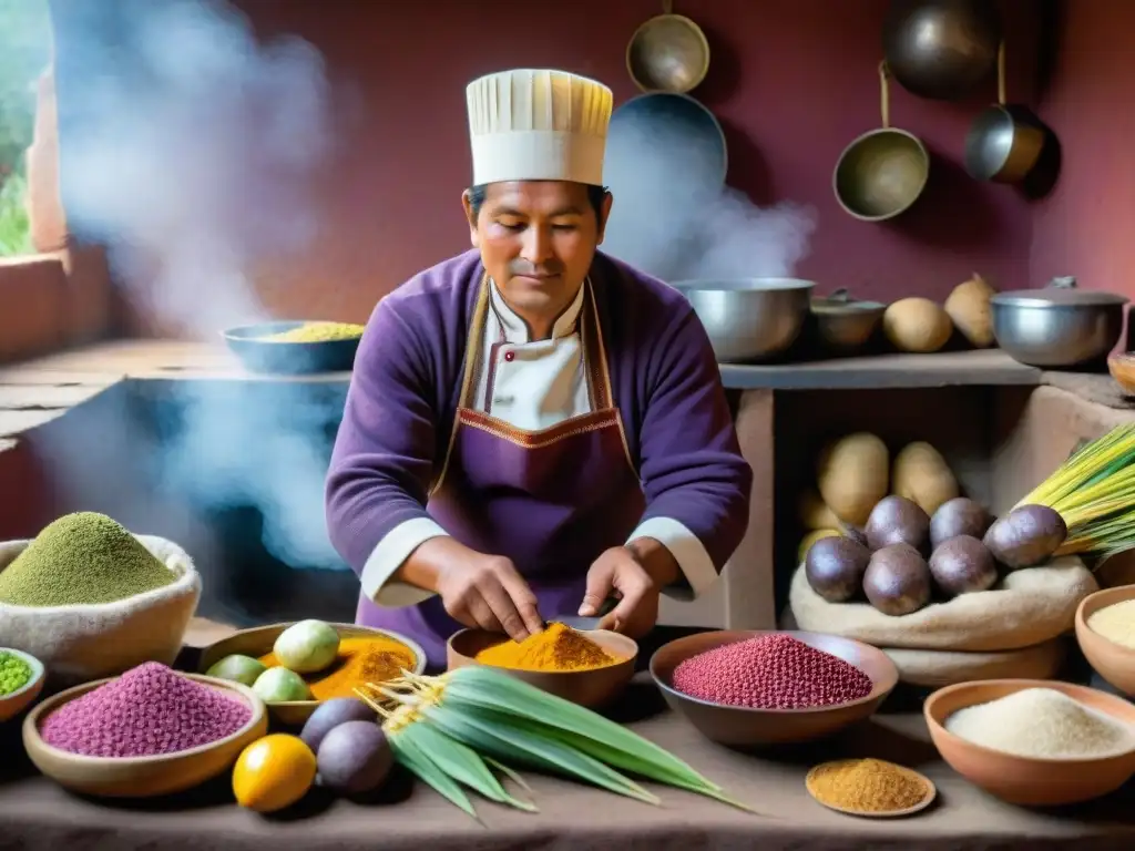 Chef peruano en cocina andina con ingredientes autóctonos vibrantes