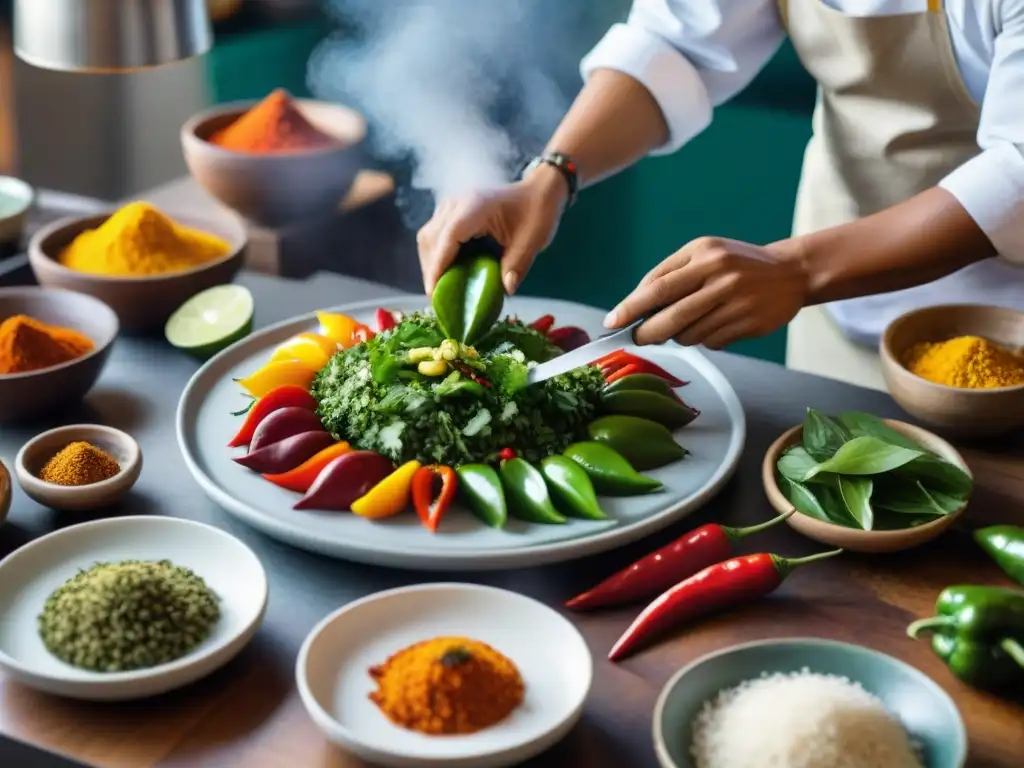 Un chef peruano cortando ajíes en una cocina animada, destacando la importancia del ají en Perú