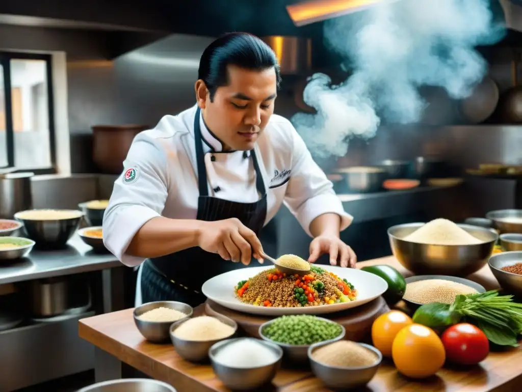 Un chef peruano preparando Quinoa Chaufa en una cocina bulliciosa de Apurímac