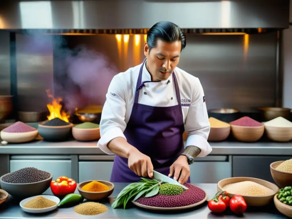 Un chef peruano en una cocina bulliciosa preparando platillos con técnicas precolombinas