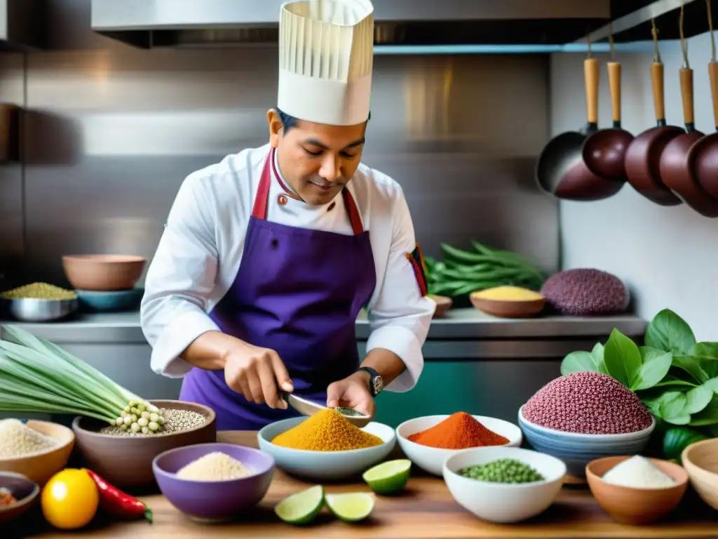 Un chef peruano en una cocina bulliciosa fusionando tradición e innovación con ingredientes coloridos